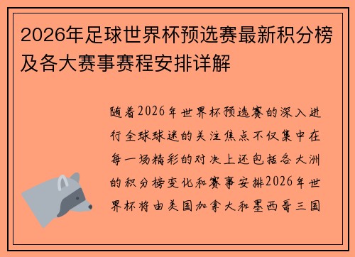 2026年足球世界杯预选赛最新积分榜及各大赛事赛程安排详解