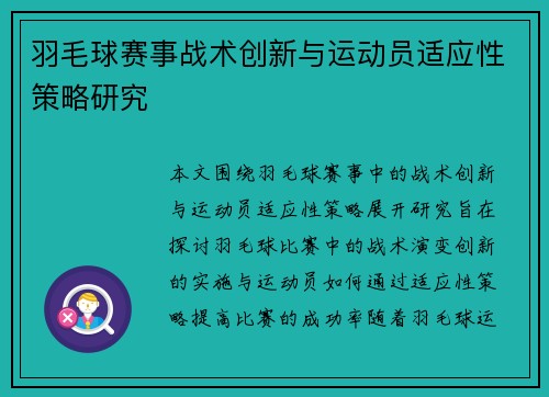 羽毛球赛事战术创新与运动员适应性策略研究