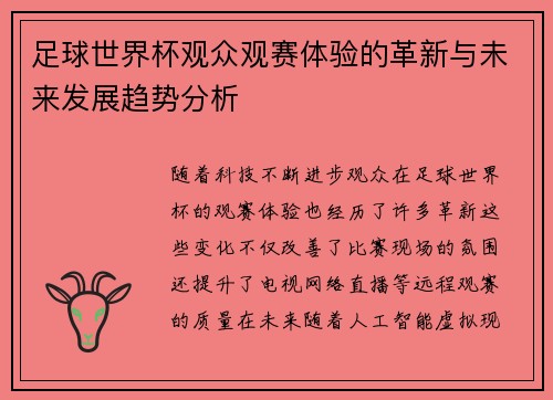 足球世界杯观众观赛体验的革新与未来发展趋势分析