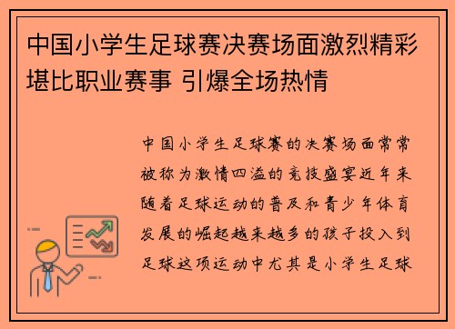 中国小学生足球赛决赛场面激烈精彩堪比职业赛事 引爆全场热情 中国小学生足球赛决赛场面激烈精彩堪比职业赛事 引爆全场热情